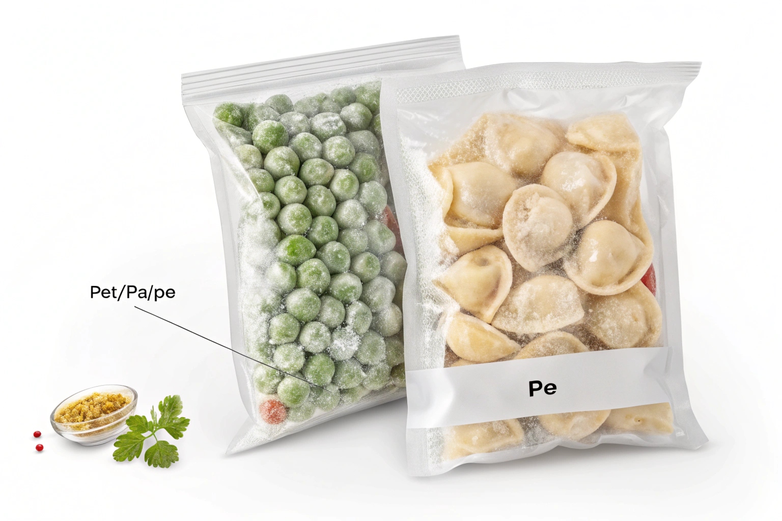 Frozen food in clear plastic pouches made of PET/PA/PE multilayer materials.