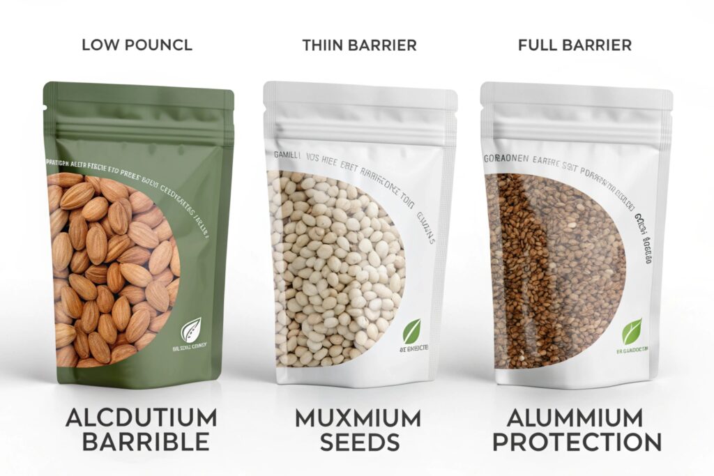 Three stand-up pouches labeled as low pouch, thin barrier, and full barrier, each containing different types of seeds.