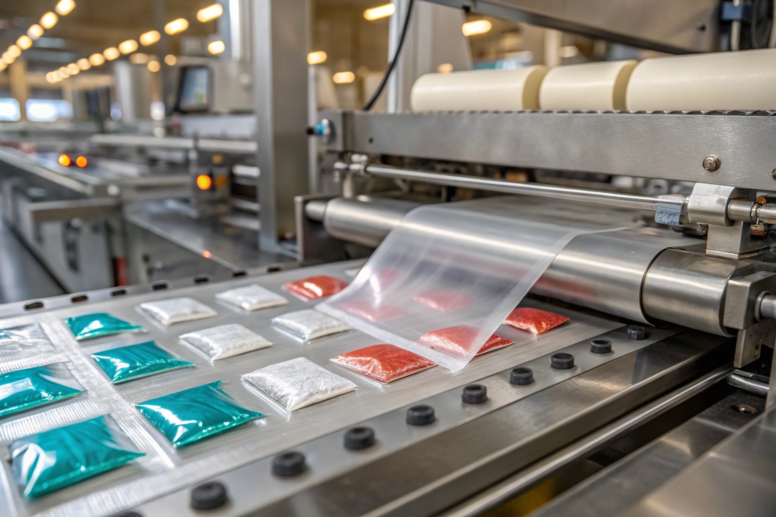 Automatic packaging machine sealing colorful powder sachets with transparent film on a production line.