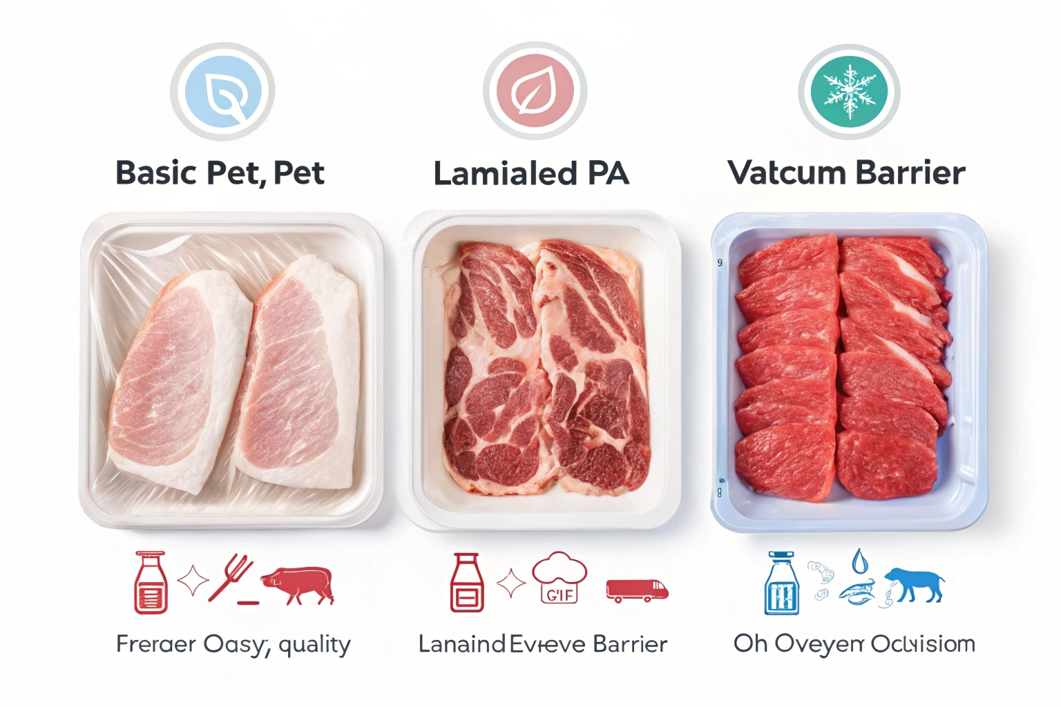 Comparison of three meat packaging types using PET, PA laminate, and vacuum barrier materials.