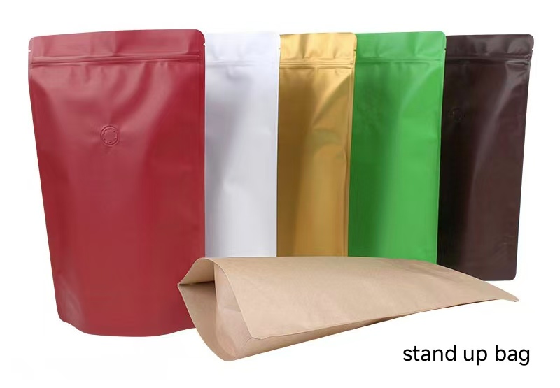 Colorful stand up pouches with zipper seal, ideal for food or coffee packaging.