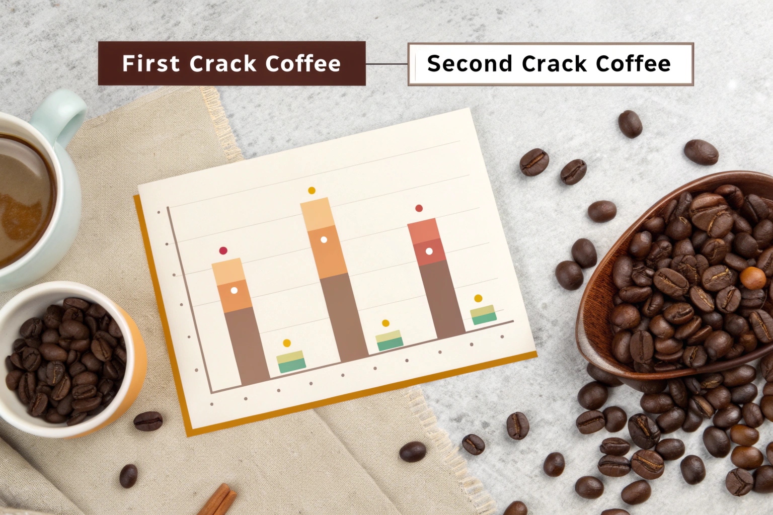 Coffee beans, chart, and labels comparing First Crack Coffee and Second Crack Coffee on a marble background.