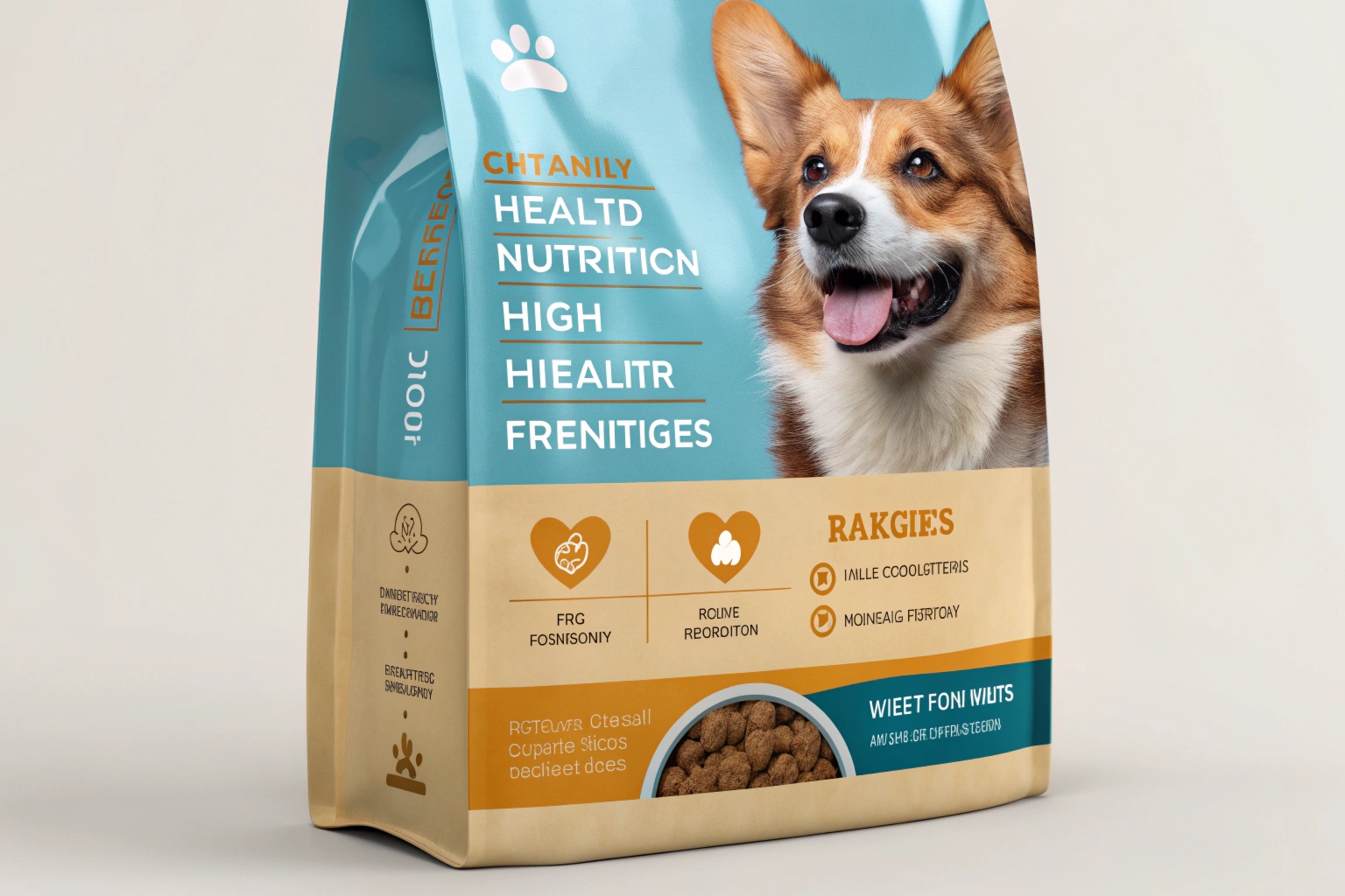 Dog food pouch with corgi image and colorful design, featuring playful text and kibble window.