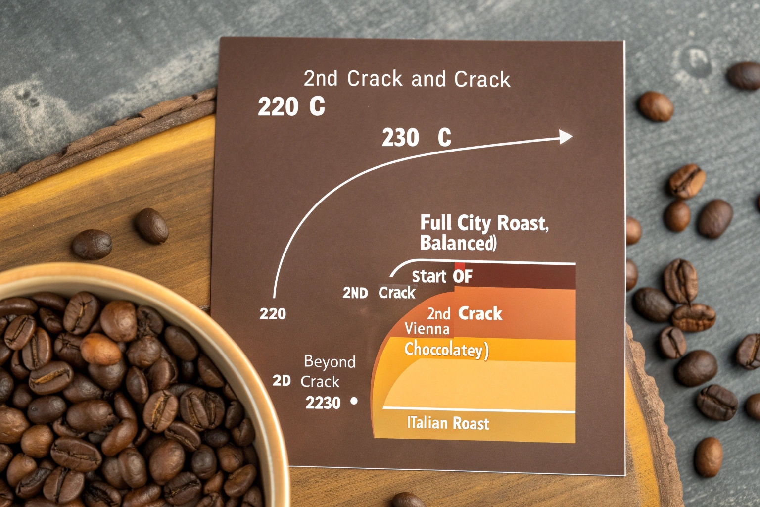 Coffee roast chart showing temperature range from 220°C to 230°C with roast types like Full City, Vienna, and Italian.