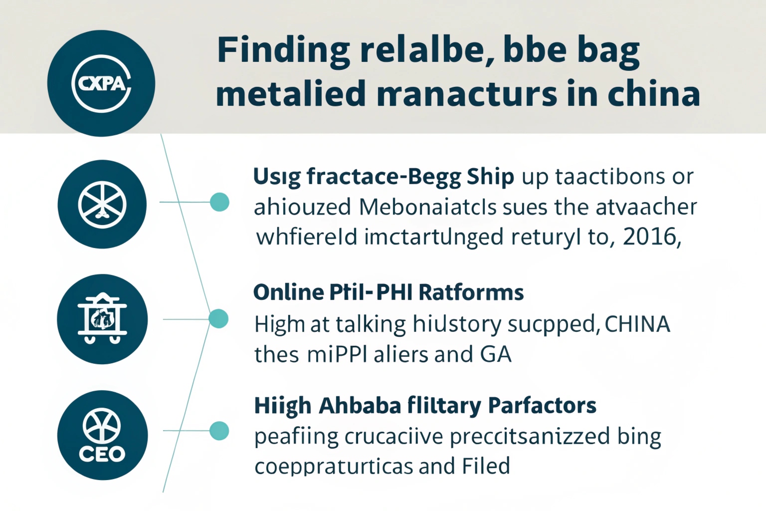 Infographic with distorted text about finding reliable metallized bag manufacturers in China.