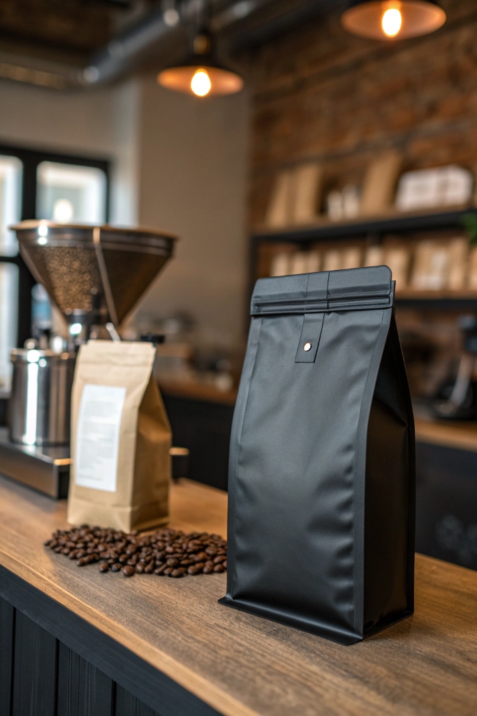 Matte black coffee pouch with degassing valve on wooden counter beside coffee beans.
