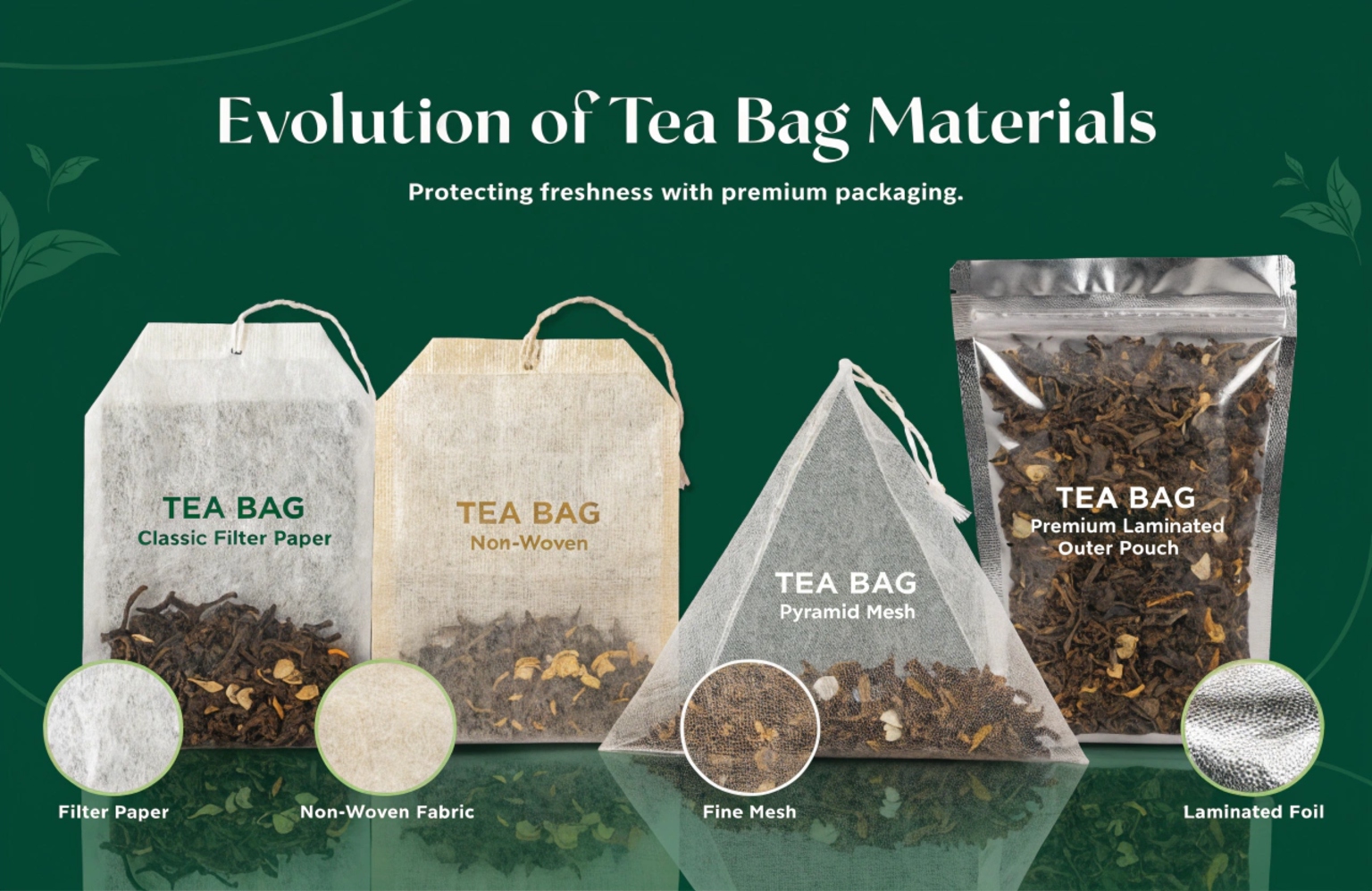 Tea bag material evolution showing paper, mesh, and laminated pouch options