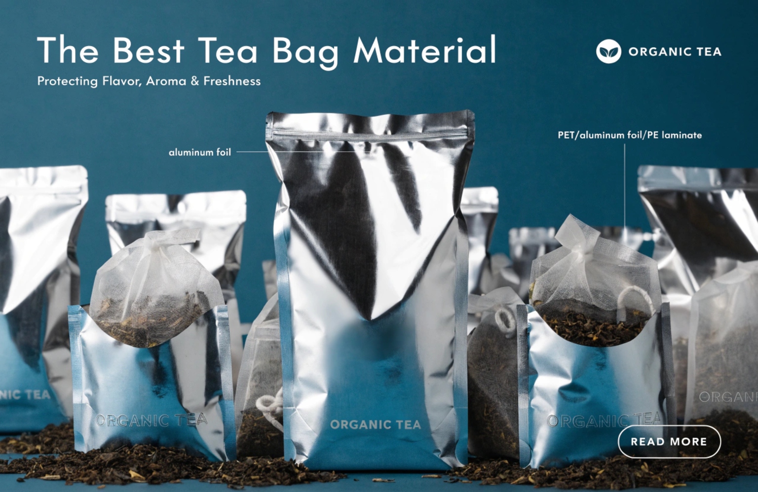 Silver tea bag packaging highlights foil laminate for freshness protection