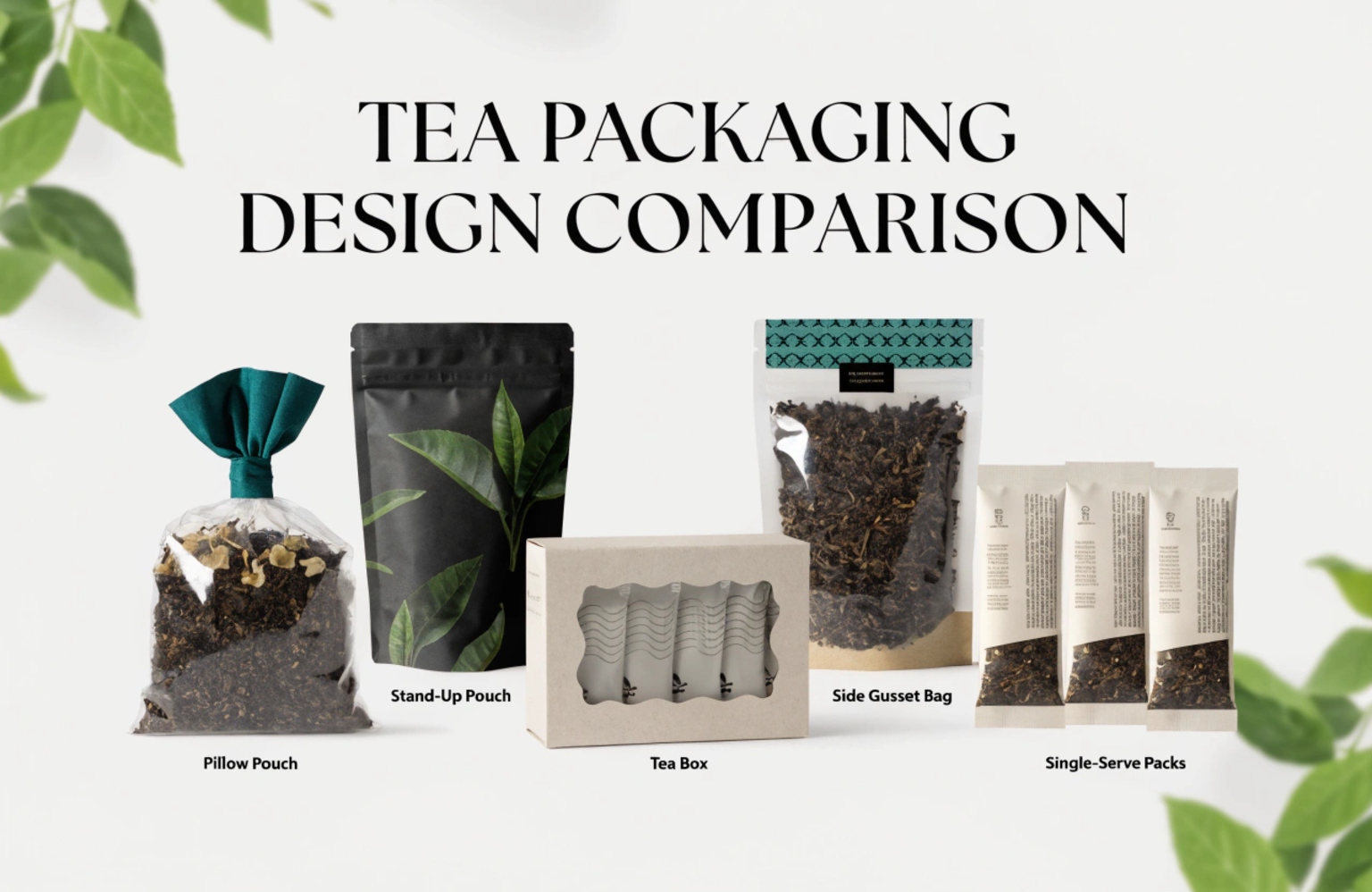 Tea packaging design comparison with pouch, box, and single-serve formats
