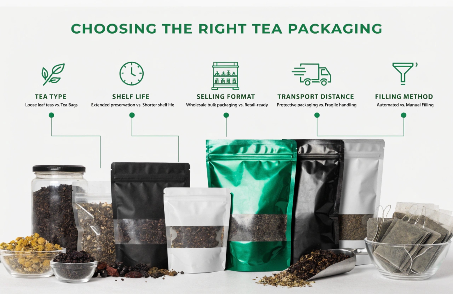 Tea packaging comparison chart showing pouch options for loose leaf and tea bags