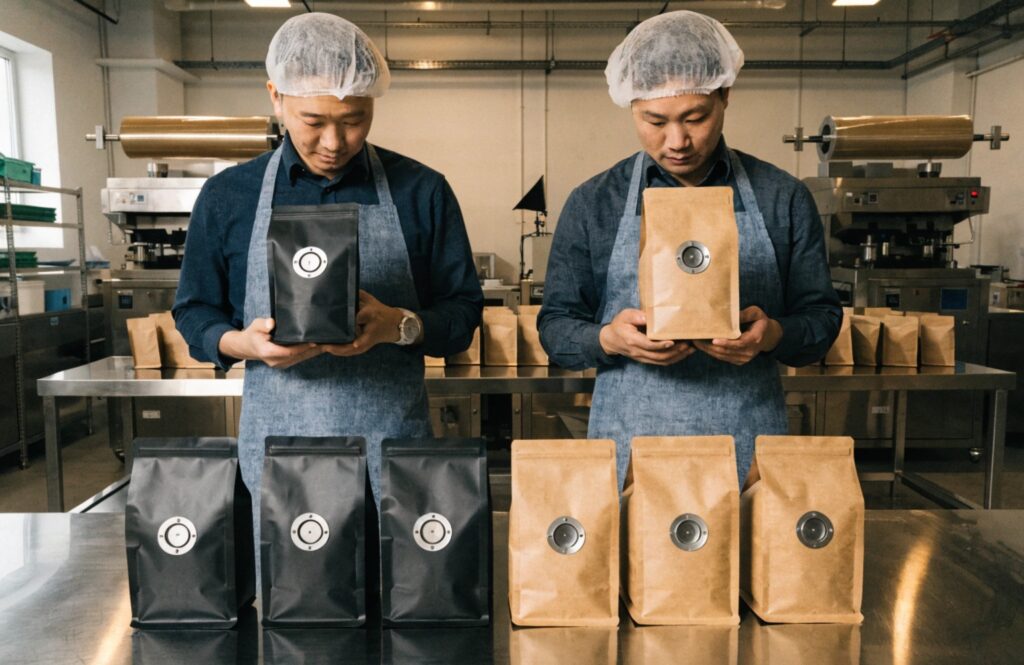Two workers displaying custom coffee packaging pouches in a production facility