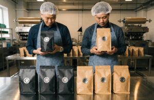 Two workers displaying custom coffee packaging pouches in a production facility
