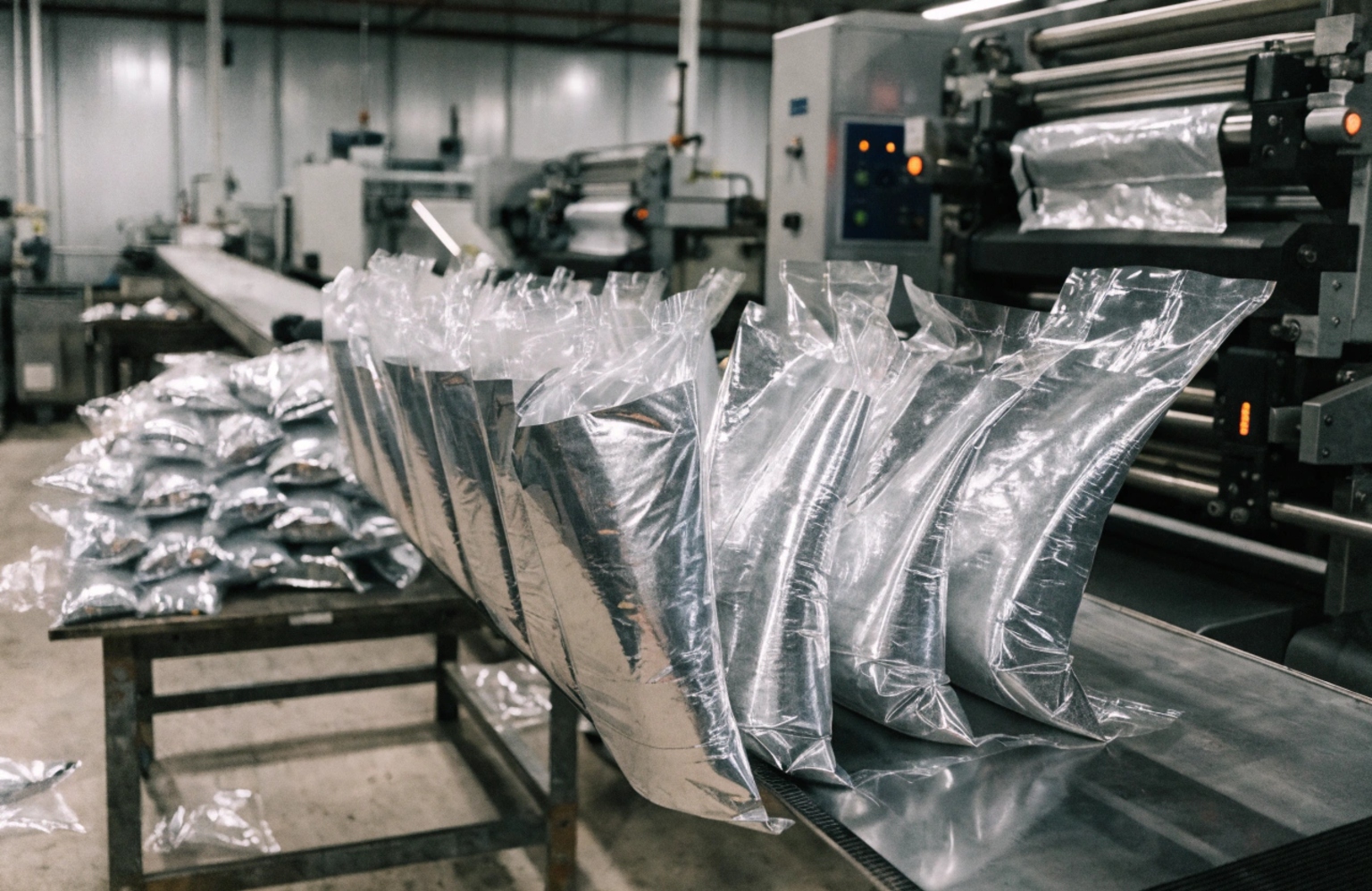 Silver laminated packaging pouches on factory production line for bulk packaging