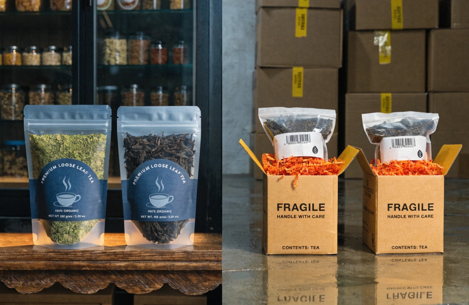 Tea pouches and shipping boxes showing retail and transport packaging solutions