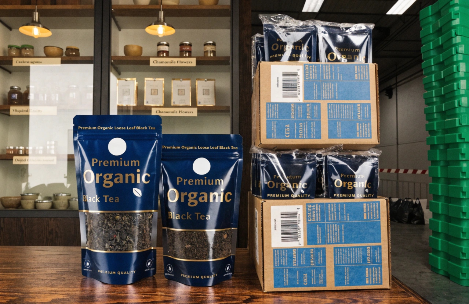 Premium organic black tea pouches and shipping cartons for retail packaging
