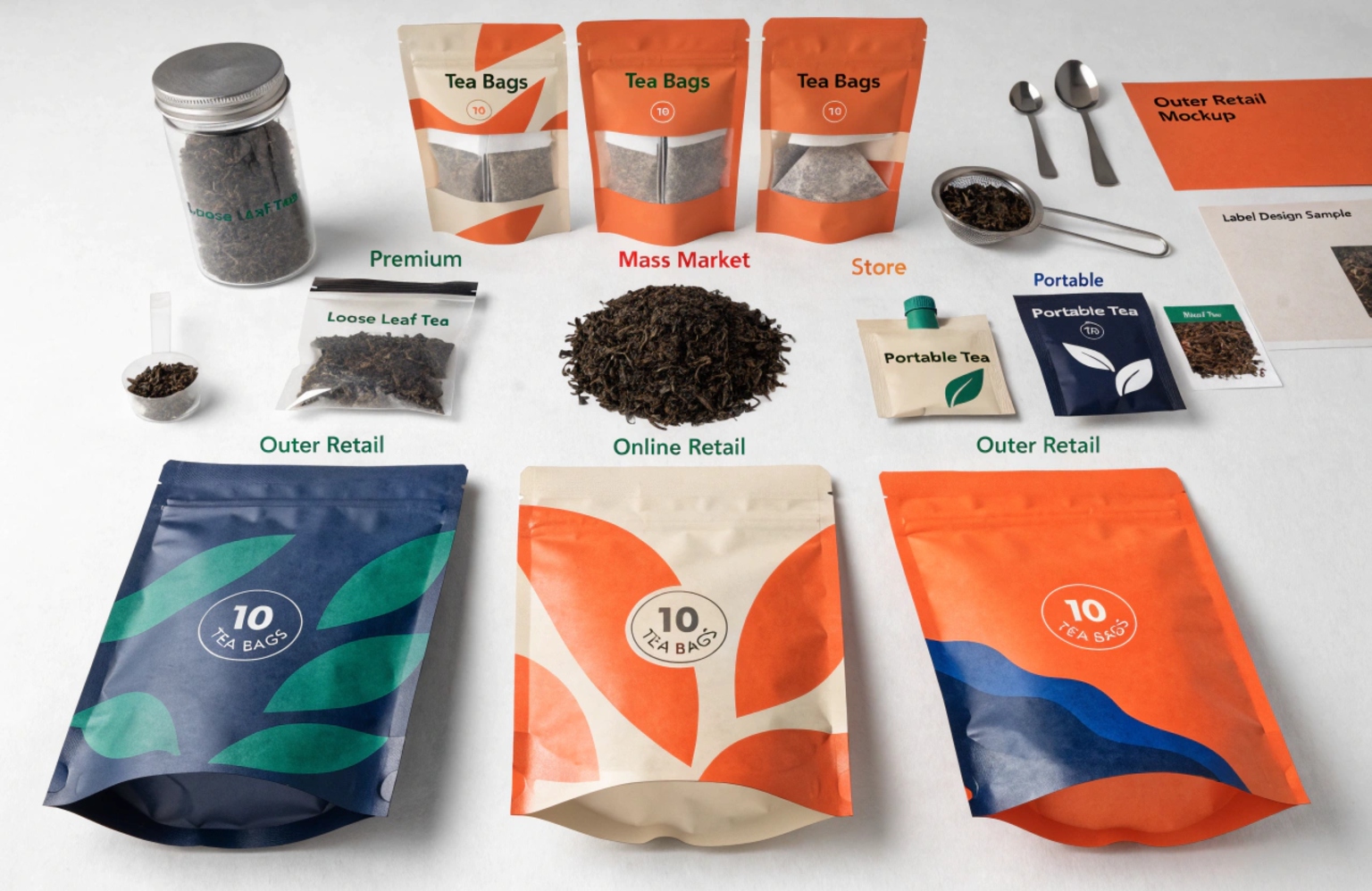 Assorted tea packaging mockups with pouches, tea bags, and retail formats