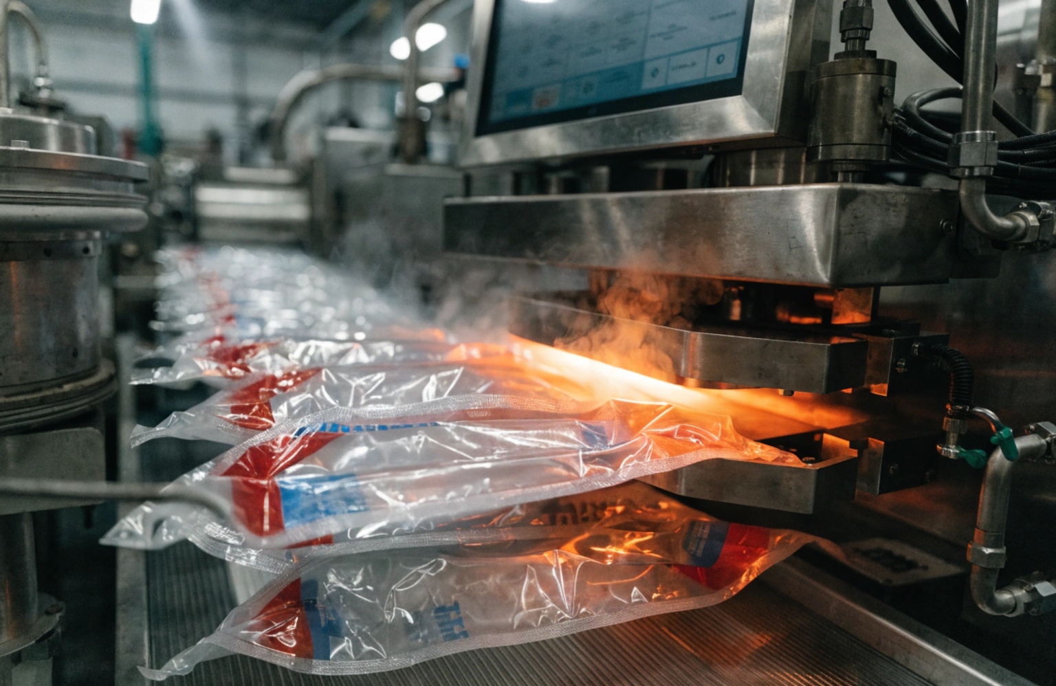 Plastic vacuum packaging bags passing through heat sealing machine line