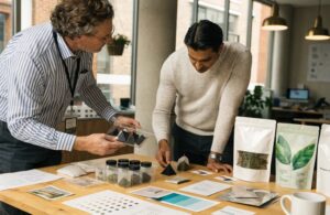 Tea packaging team reviewing pouch samples and tea bag design options