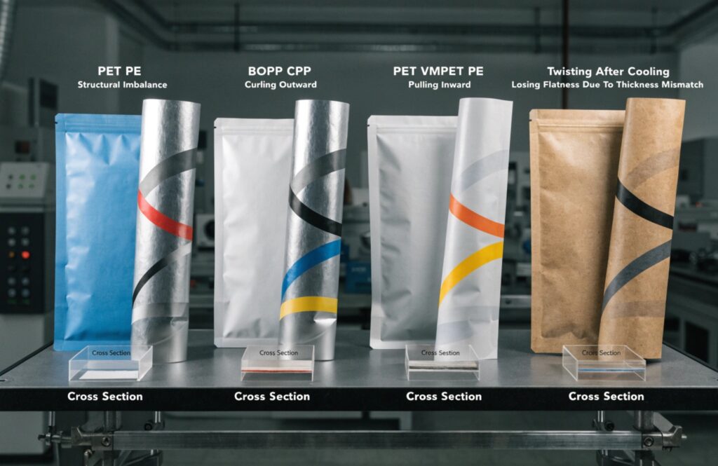 Comparison of laminated pouch materials showing curling and structural imbalance issues
