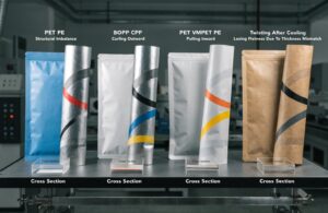 Comparison of laminated pouch materials showing curling and structural imbalance issues