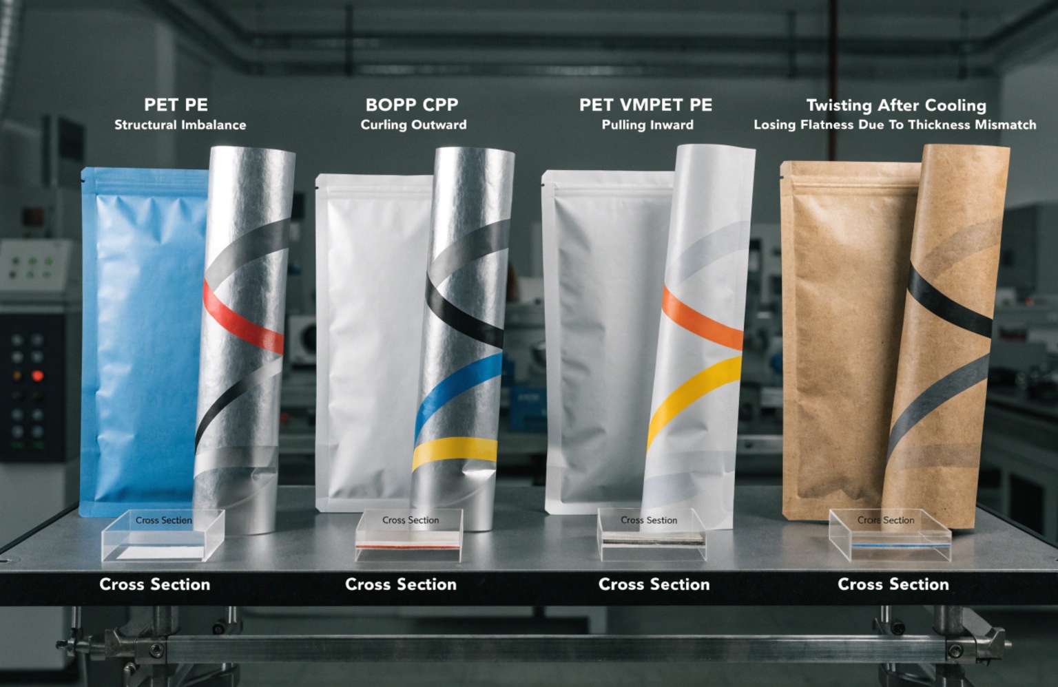 Comparison of laminated pouch materials showing curling and structural imbalance issues