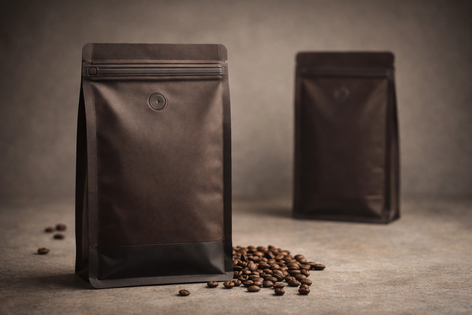Matte black coffee pouch with zipper and valve beside beans