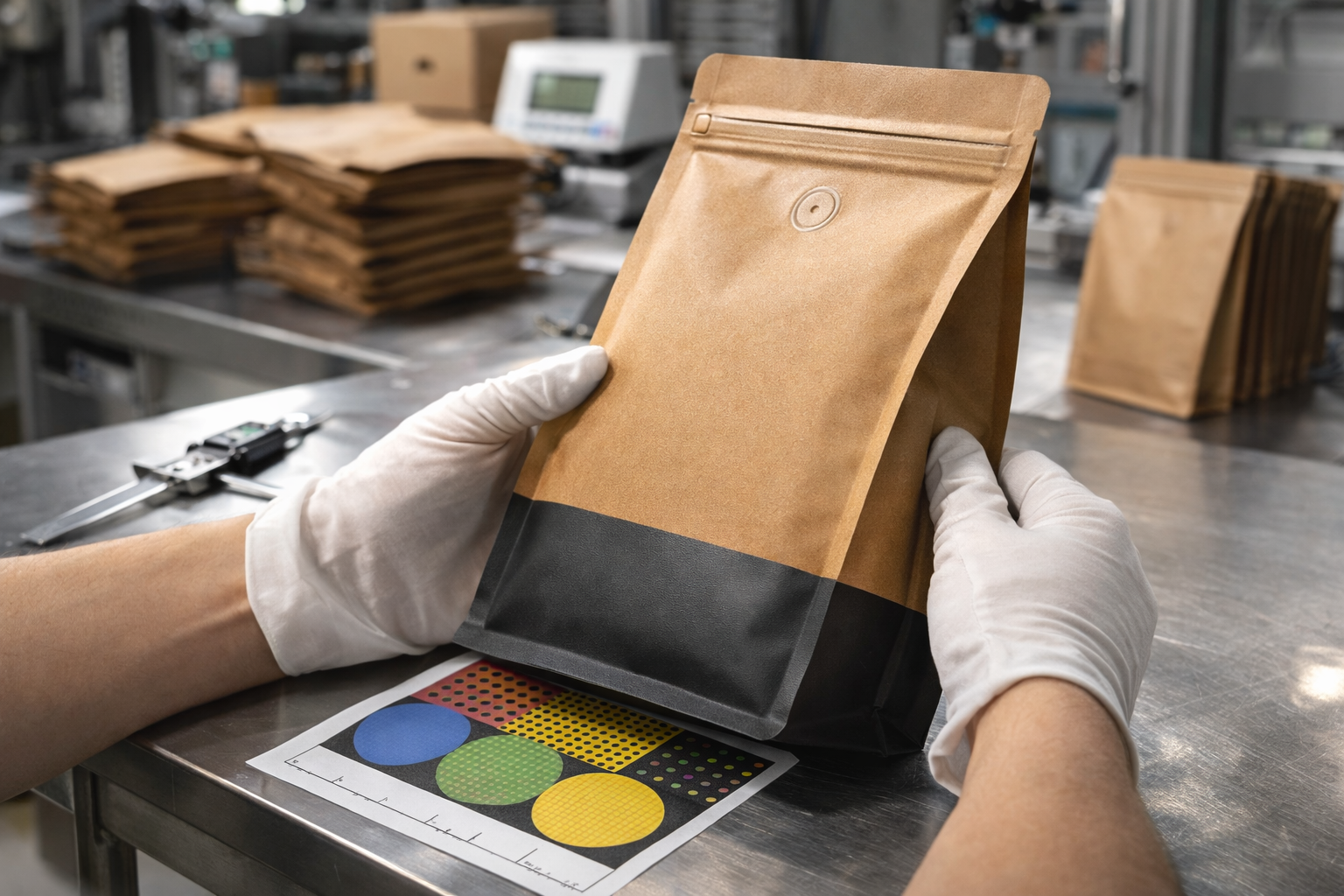 Coffee pouch quality check in factory with color print inspection