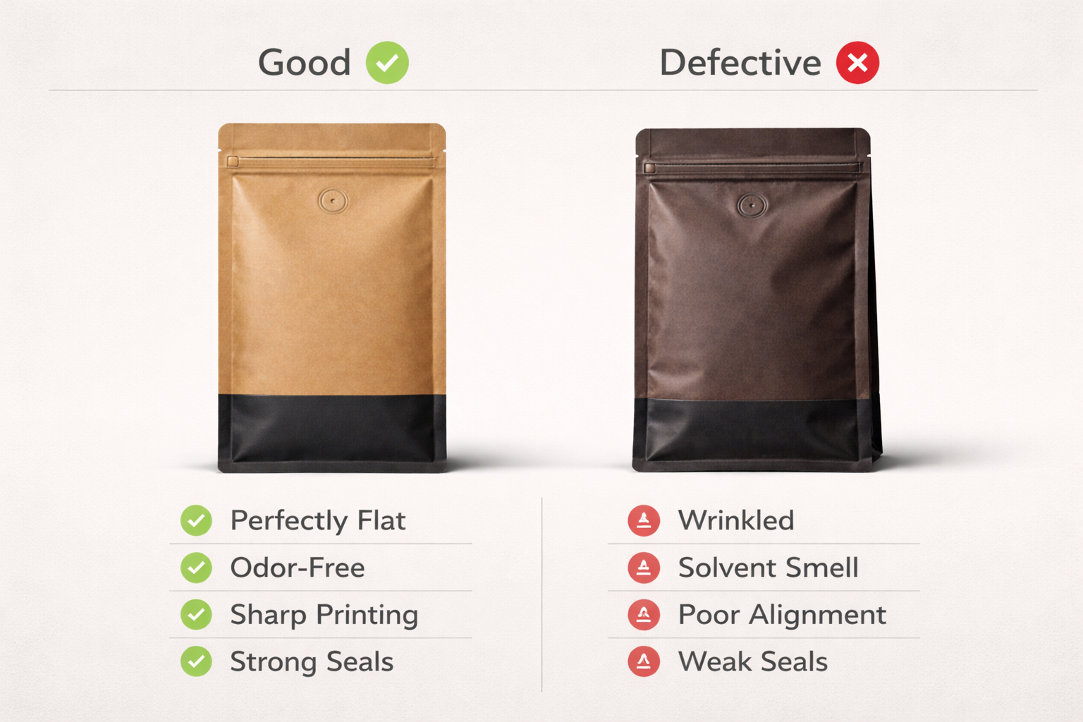 Good versus defective coffee pouch quality comparison with inspection points