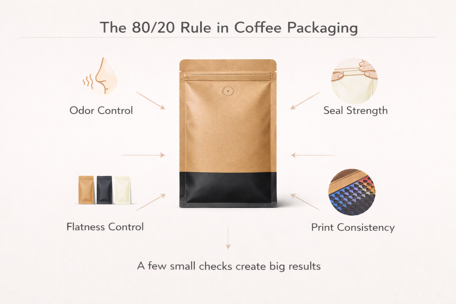 Coffee packaging quality priorities including odor, seal, flatness, and print