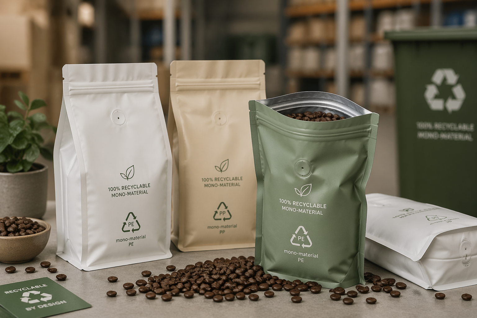 Recyclable coffee pouches with mono-material design and roasted beans display