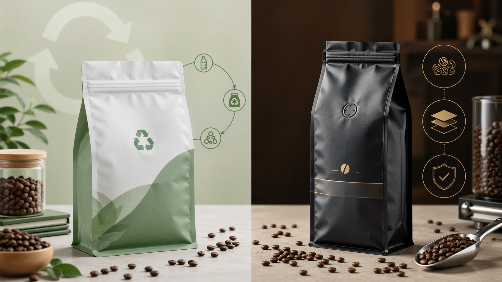 Recyclable and traditional coffee pouches shown side by side