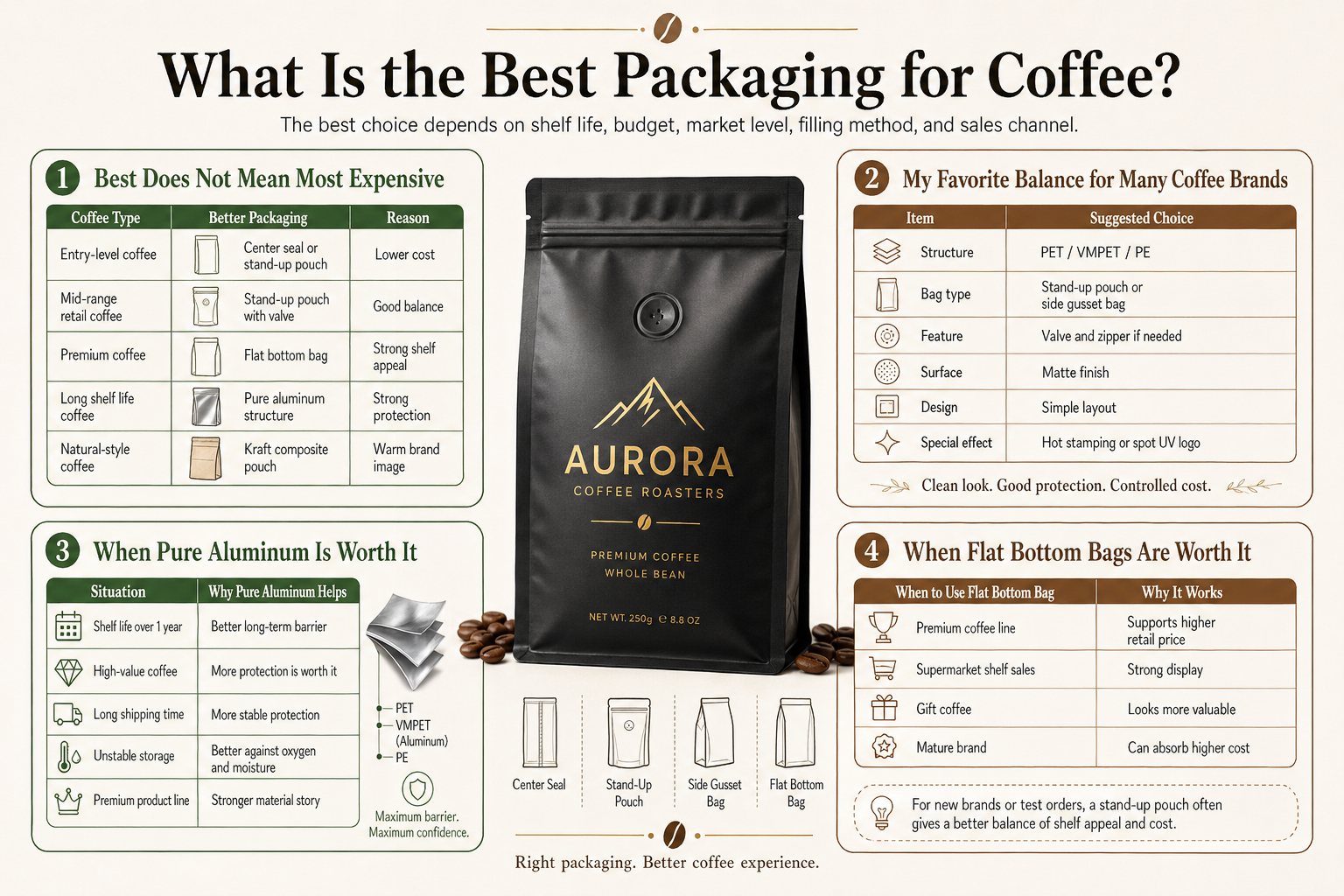 Infographic showing best coffee packaging choices by budget and shelf life
