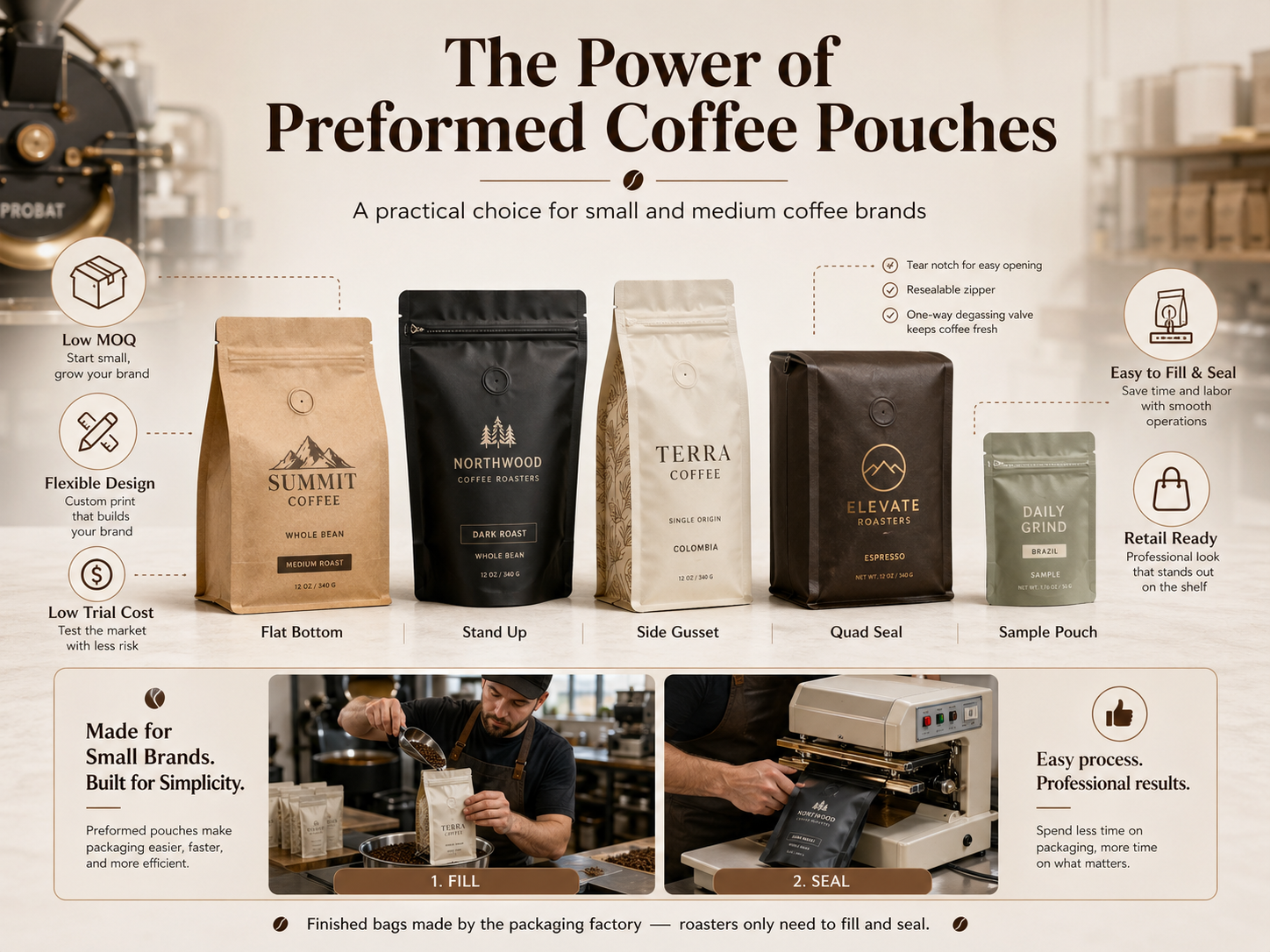 Preformed coffee pouches with low MOQ and easy sealing benefits