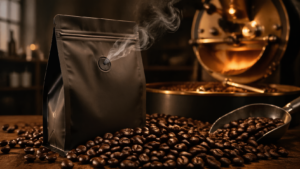 Black coffee pouch with valve beside roaster and fresh beans
