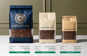 Three customizable coffee packaging bags comparing material and printing costs