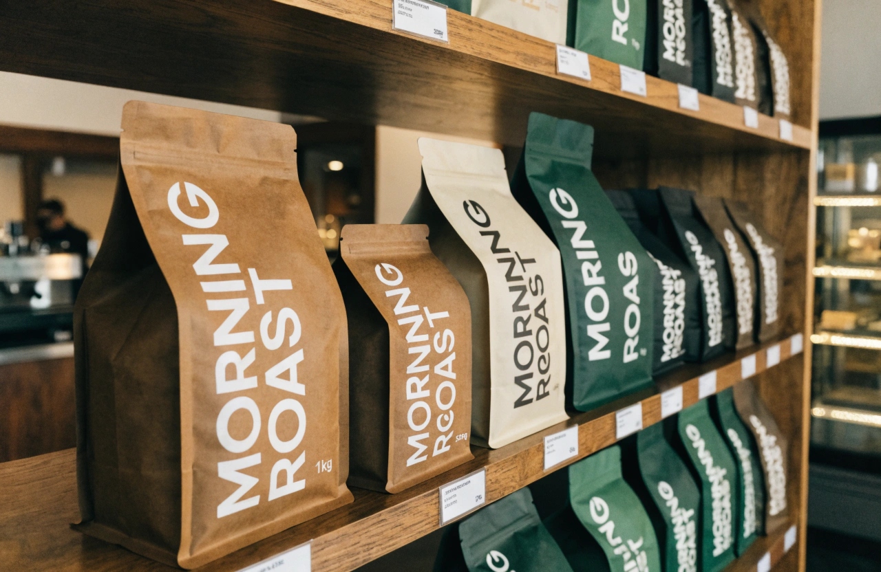 Custom coffee packaging bags displayed on retail shelf in multiple sizes