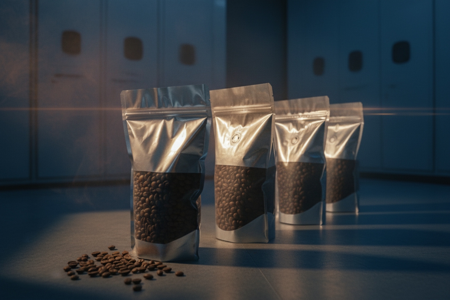Silver coffee pouches with clear windows in warehouse lighting