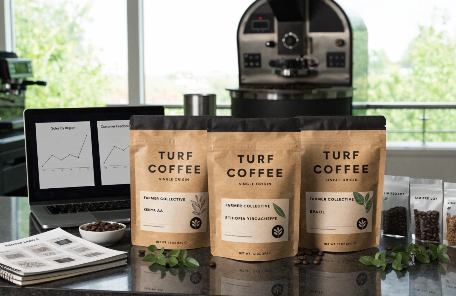 Custom kraft coffee pouches displayed with labels in roastery workspace