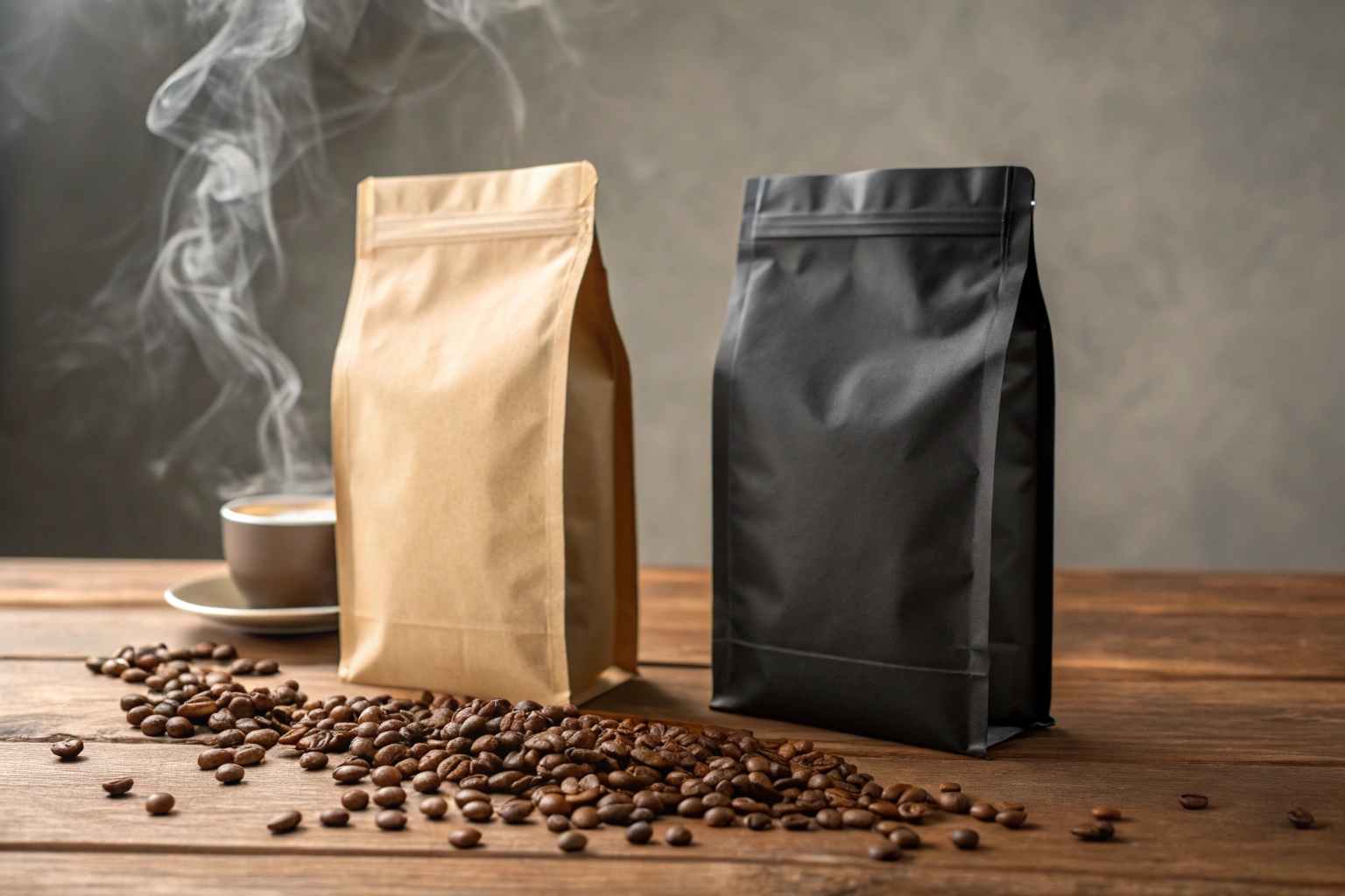 Kraft and black coffee pouches with beans and steaming cup