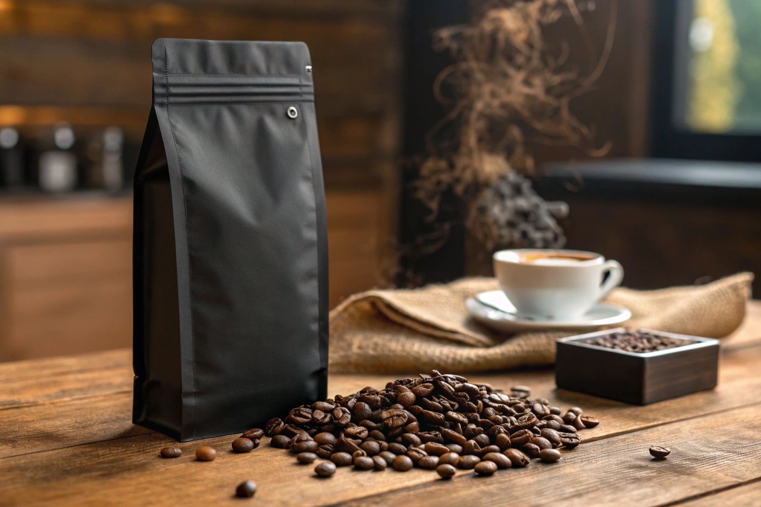 Matte black coffee pouch with roasted beans and hot coffee