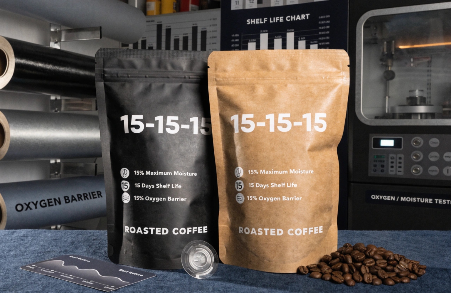 Black and kraft coffee pouches with barrier performance display