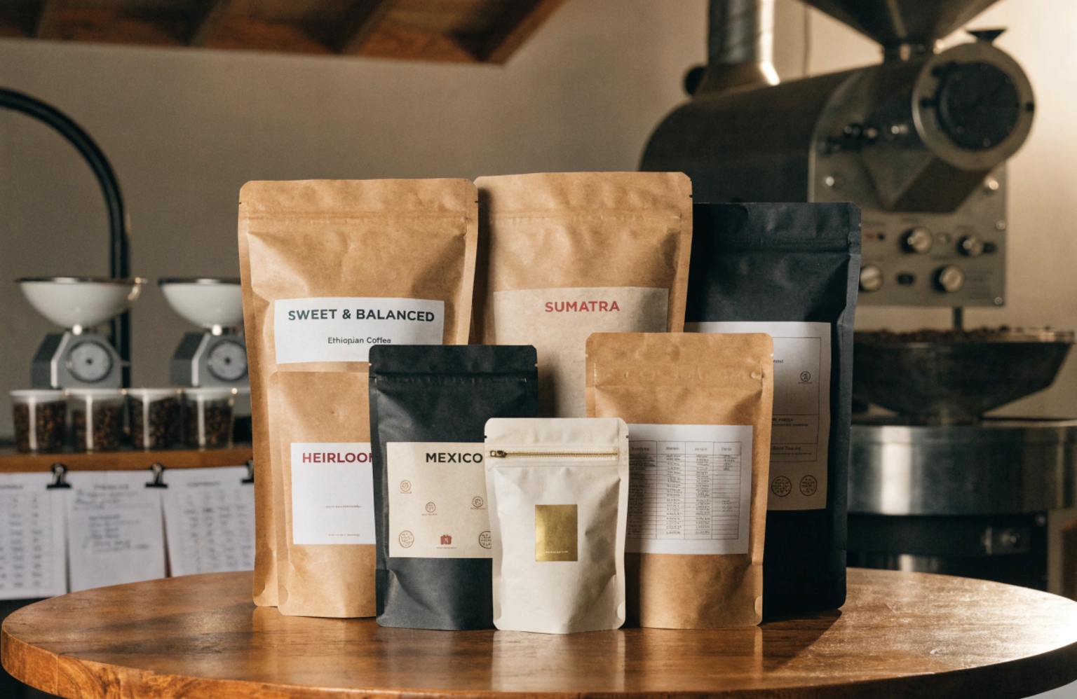 Assorted custom coffee packaging pouches displayed on table in roasting room