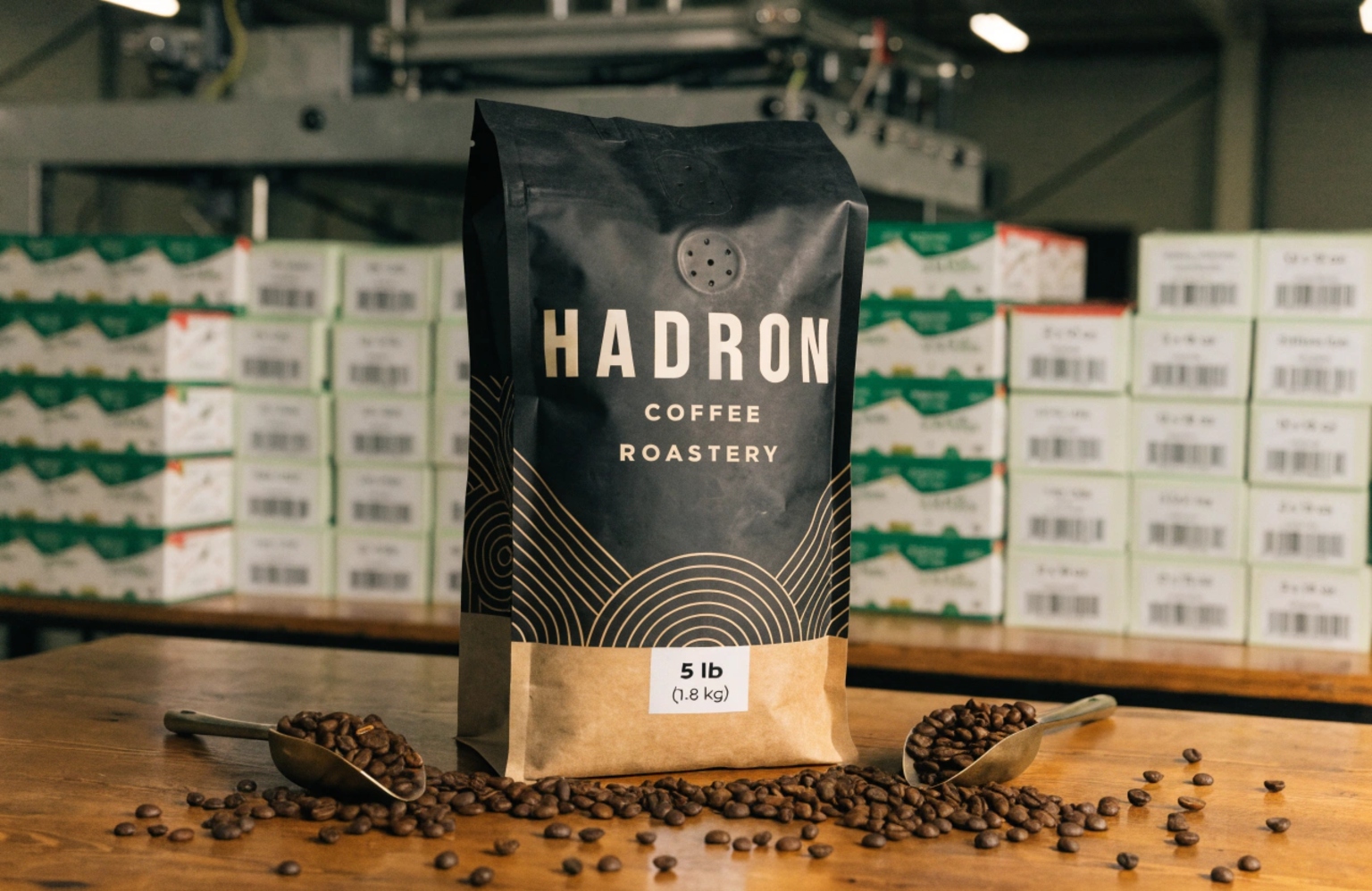 Custom 5 lb coffee bag with valve on warehouse table