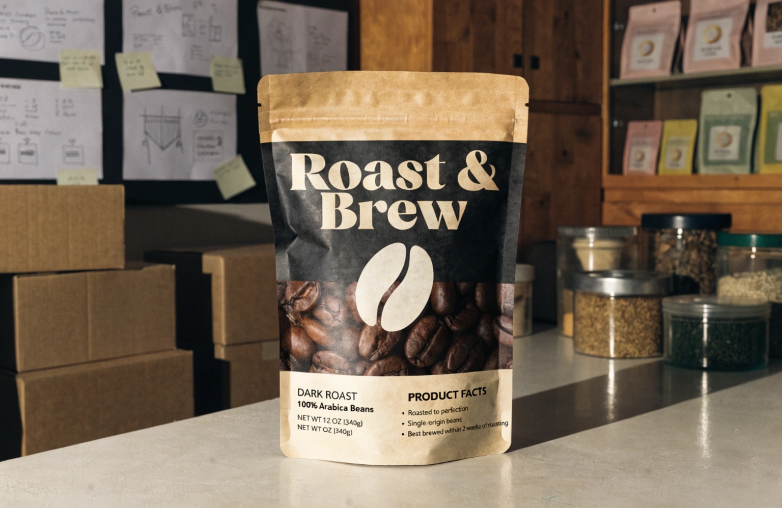 Stand up coffee pouch with kraft finish for roasted beans