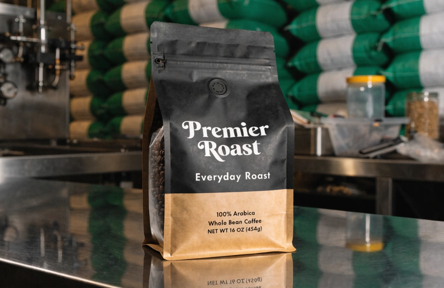 Matte black kraft coffee bag with zipper and valve in roastery