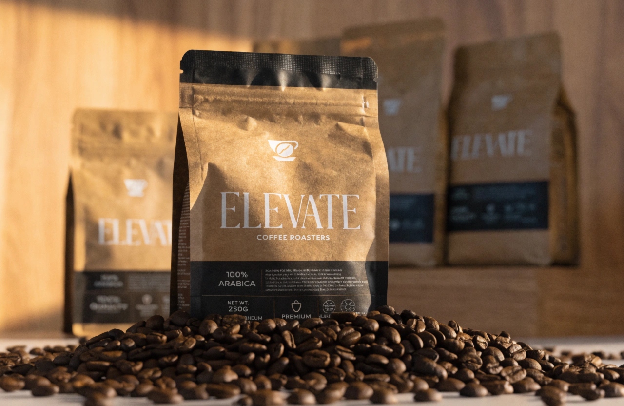 Kraft coffee pouch standing on roasted beans with premium branding