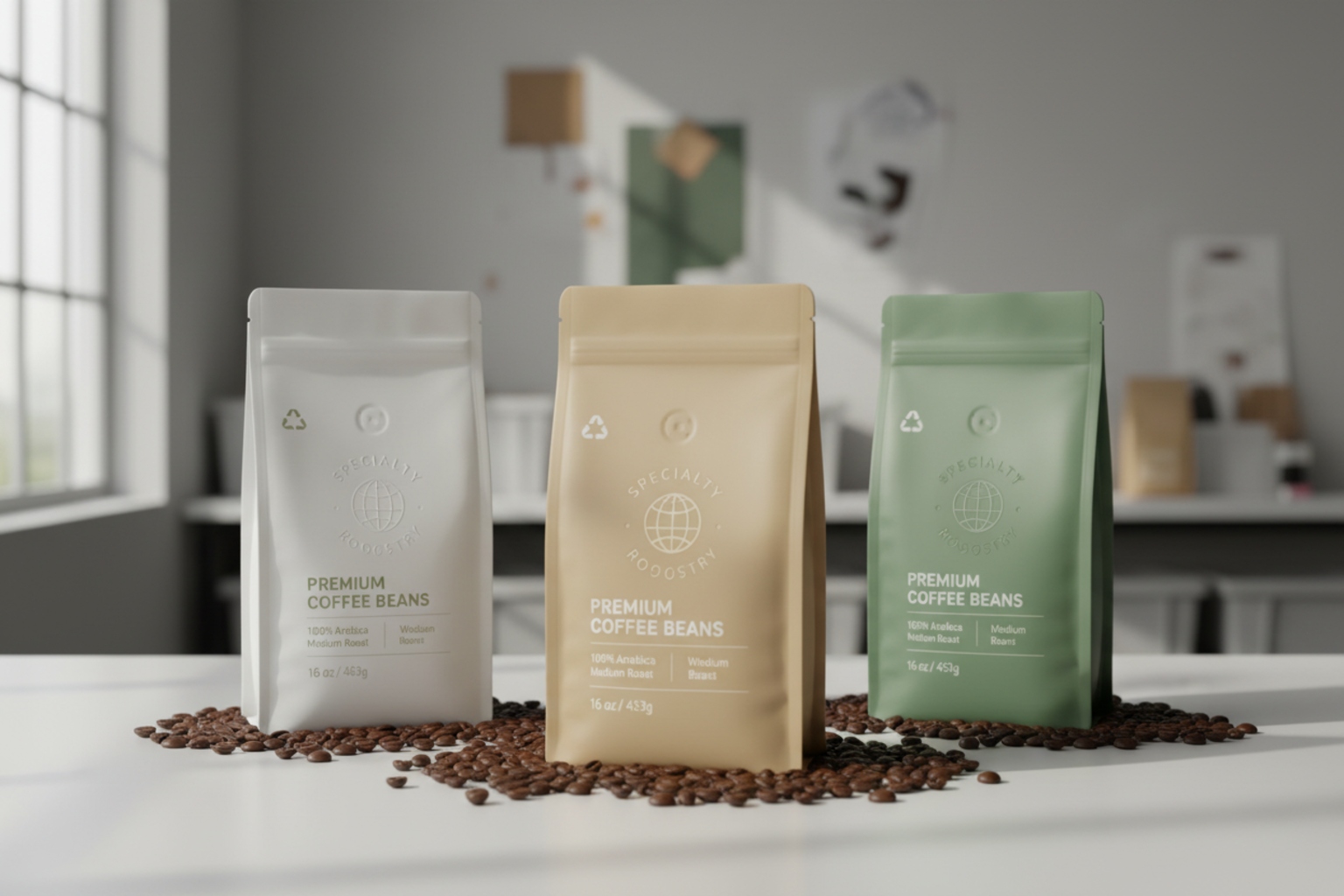 Three premium coffee pouches displayed with coffee beans on table