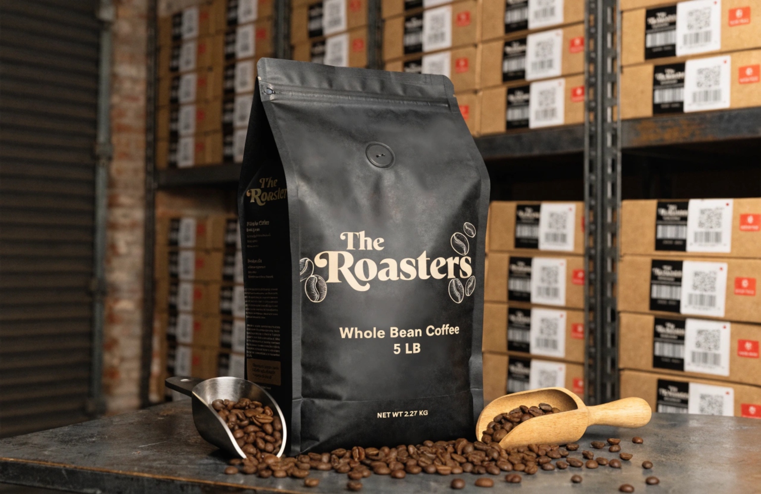 Black 5 lb coffee bag with valve in warehouse setting