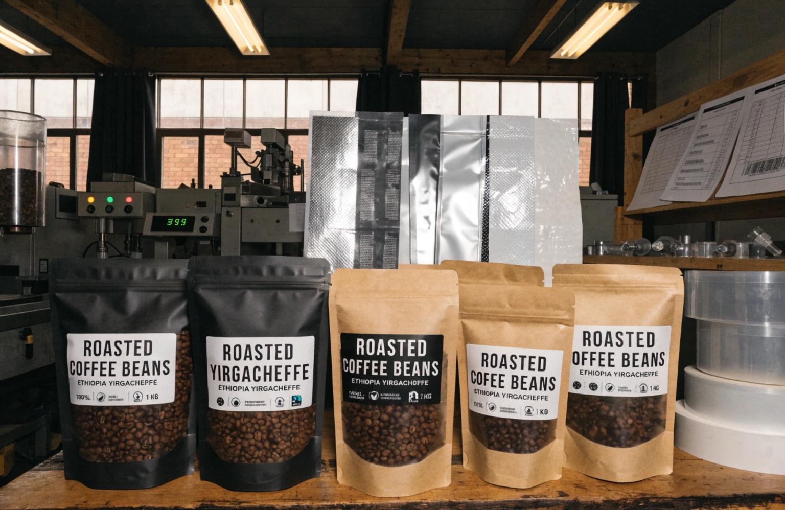 Assorted custom coffee bean stand-up pouches displayed in packaging workshop