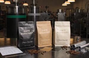 Three custom coffee bags displayed with packaging materials in factory